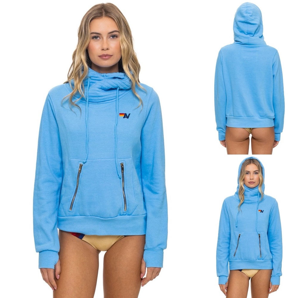 Aviator Nation Ninja Hoodie Funnel Neck Pullover Sweatshirt Soft Fleece Blue L